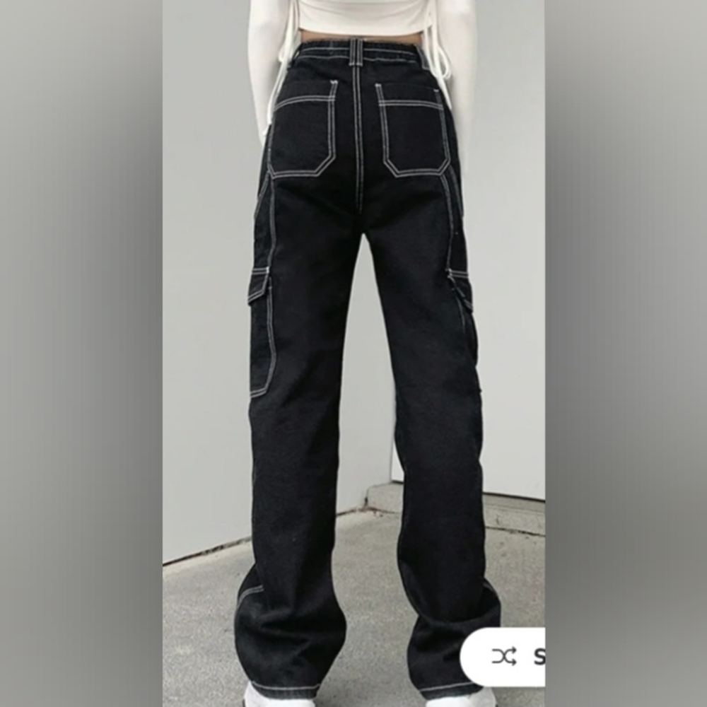 Black Cargo Jeans High Waist Wide Straight Leg Trousers - Picture 11 of 11